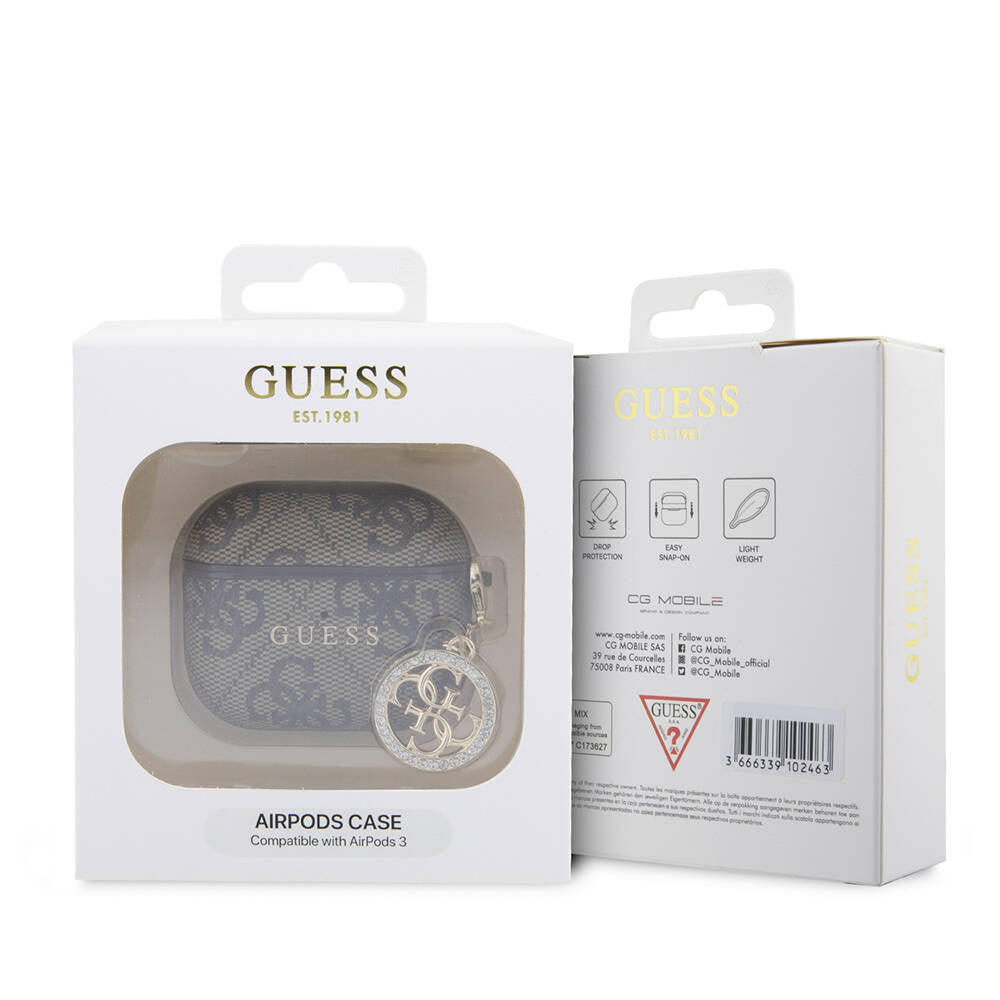 Apple Airpods 3.Nesil Kılıf Guess Orjinal Lisanslı PU Deri 4G Desenli 4G Charm Kapak Kahverengi