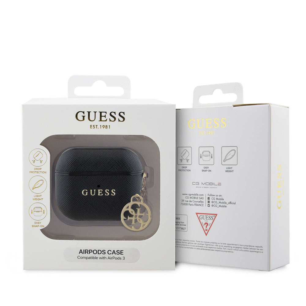 Apple Airpods 3.Nesil Kılıf Guess Orjinal Lisanslı Dokulu 4G Yuvarlak Charm Saffiano Kılıf Pembe