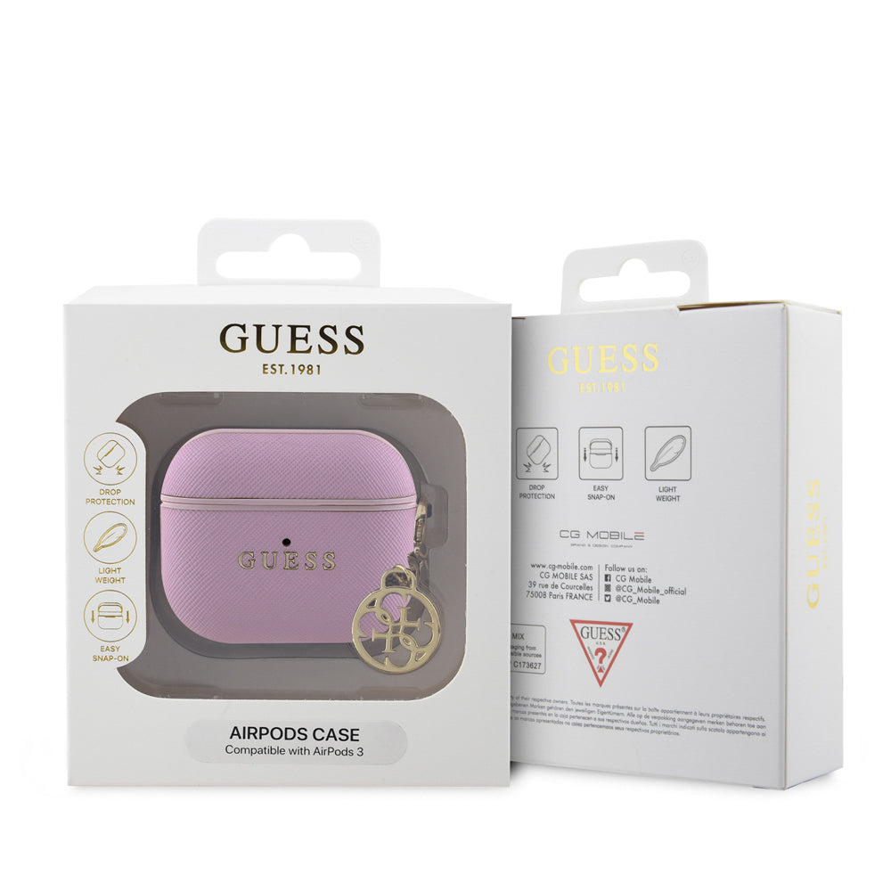 Apple Airpods 3.Nesil Kılıf Guess Orjinal Lisanslı Dokulu 4G Yuvarlak Charm Saffiano Kılıf Pembe