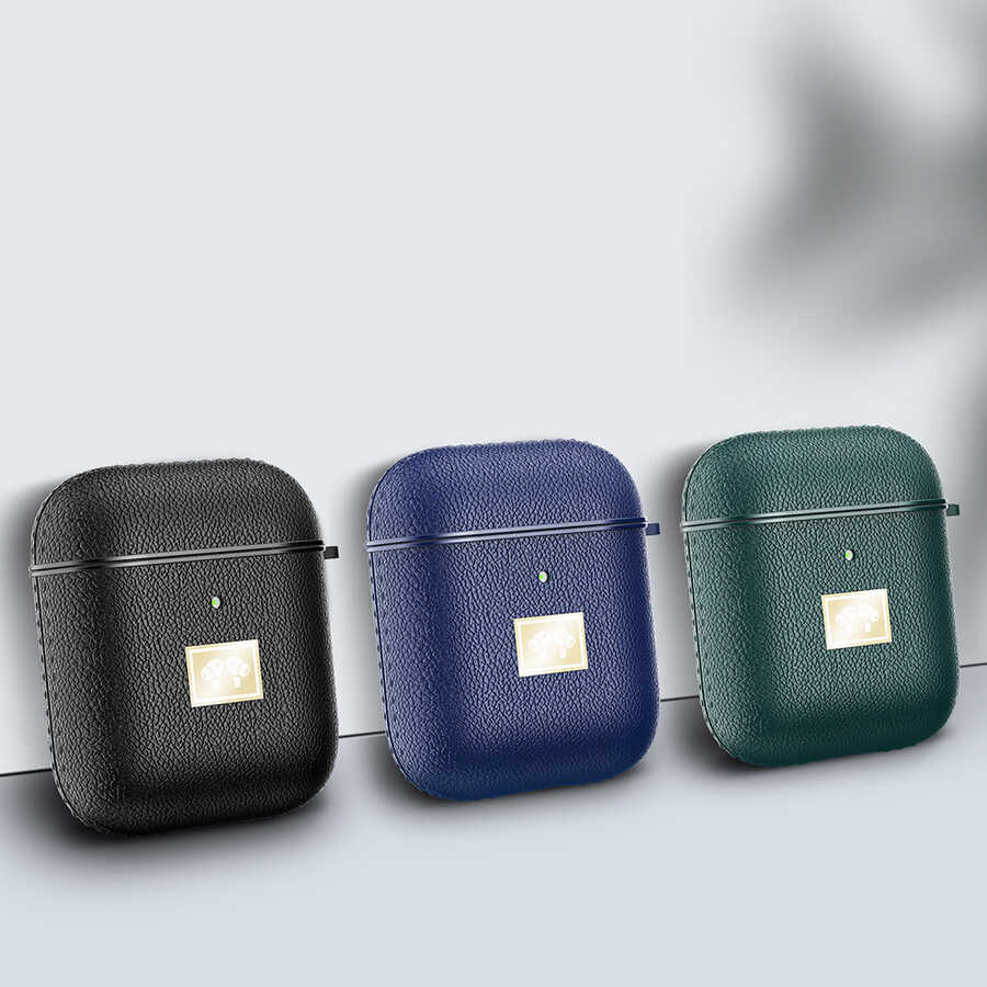 Apple Airpods Kılıf Deri Görünümlü Askı Aparatlı Wlons Kılıf Koyu Yeşil