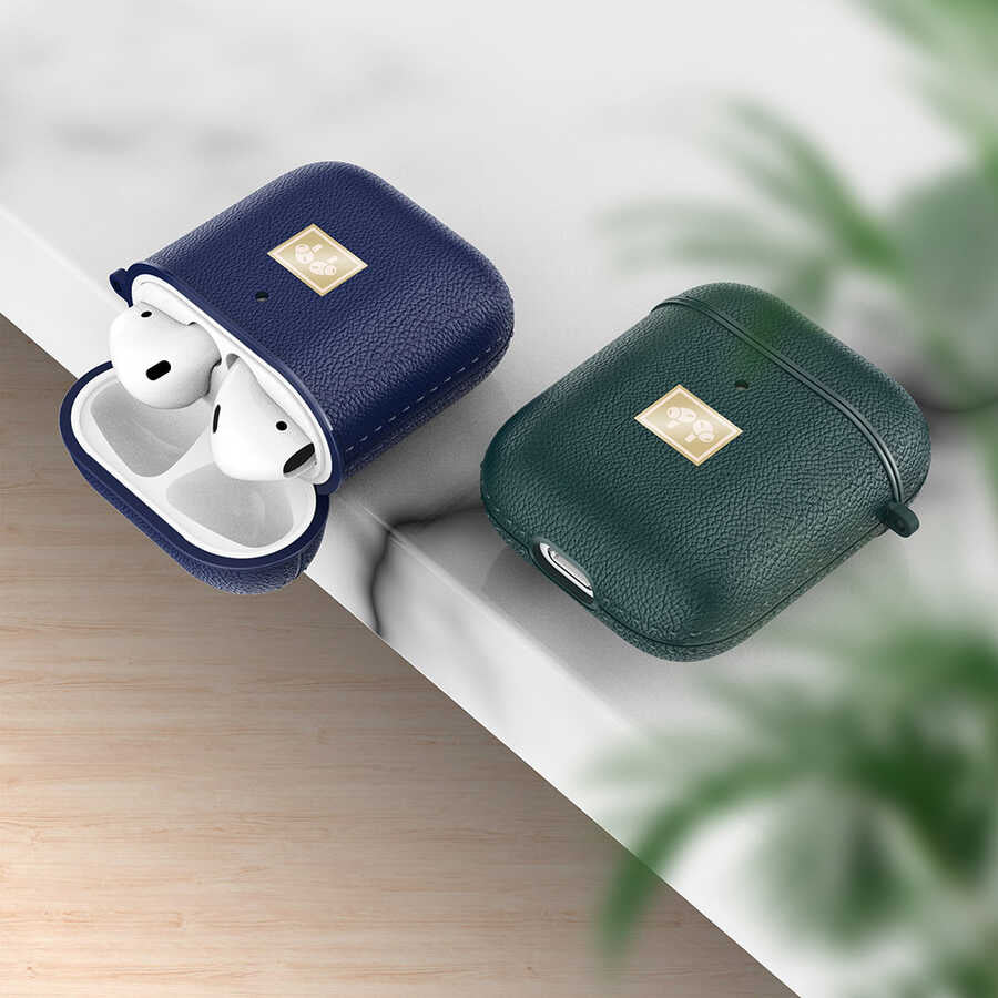 Apple Airpods Kılıf Deri Görünümlü Askı Aparatlı Wlons Kılıf Lacivert