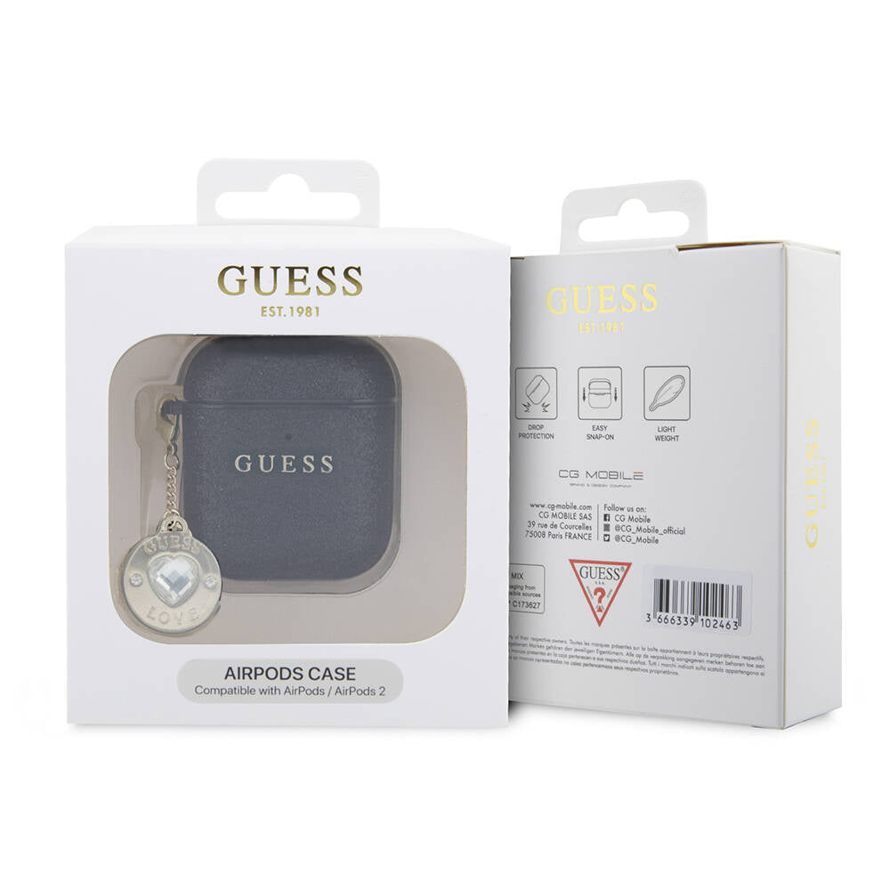 Apple Airpods Kılıf Guess Orjinal Lisanslı Glitter Elmas Kalp Süs Zincirli Kapak Gold