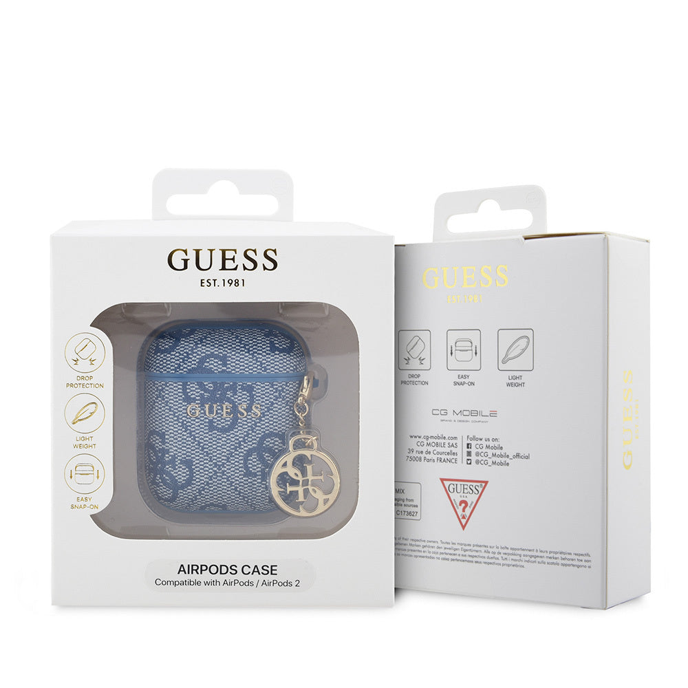 Apple Airpods Kılıf Guess Orjinal Lisanslı 4G Desenli Metal Script Logolu 4G Charm PU Deri Kapak Mavi