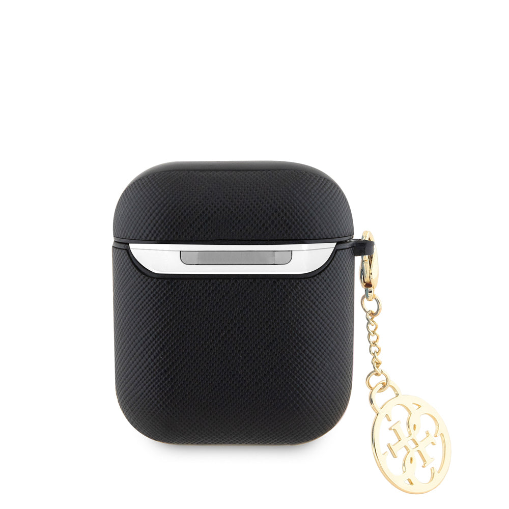 Apple Airpods Kılıf Guess Orjinal Lisanslı Dokulu 4G Yuvarlak Süs Zincirli Saffiano Kılıf Pembe