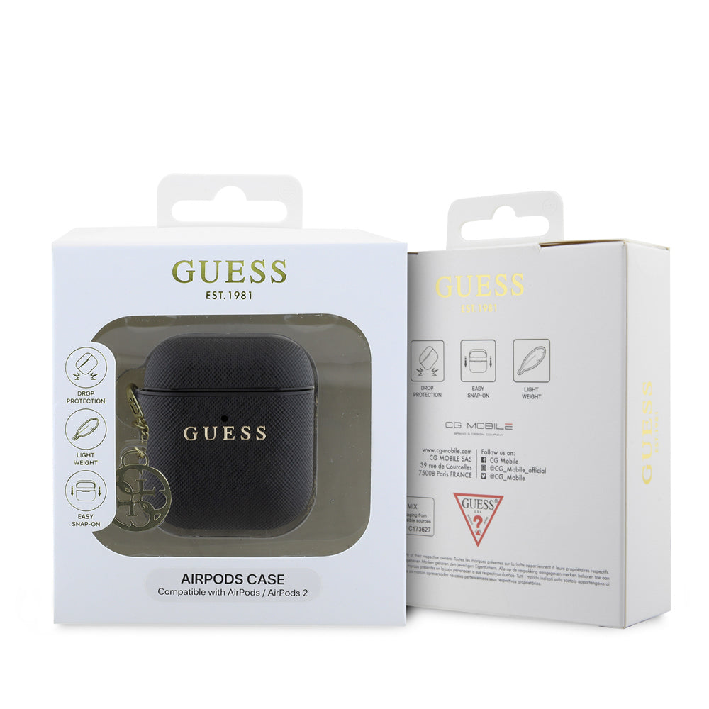 Apple Airpods Kılıf Guess Orjinal Lisanslı Dokulu 4G Yuvarlak Süs Zincirli Saffiano Kılıf Pembe