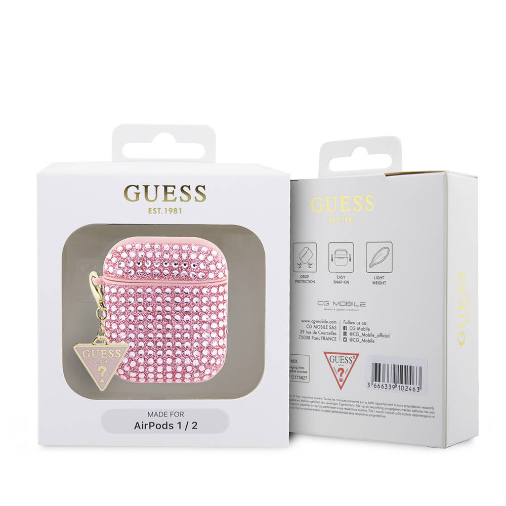 Apple Airpods Kılıf Guess Orjinal Lisanslı Parıltılı Taş Kaplamalı Üçgen Logo Süs Zincirli Kapak Pembe