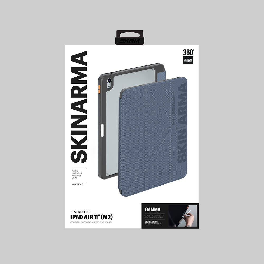 Apple iPad Air 11 2024 Kılıf SkinArma Kabartma Baskı Tasarımlı 360 Tam Koruma Arkası Şeffaf Standlı Gamma Kılıf Mavi Açık