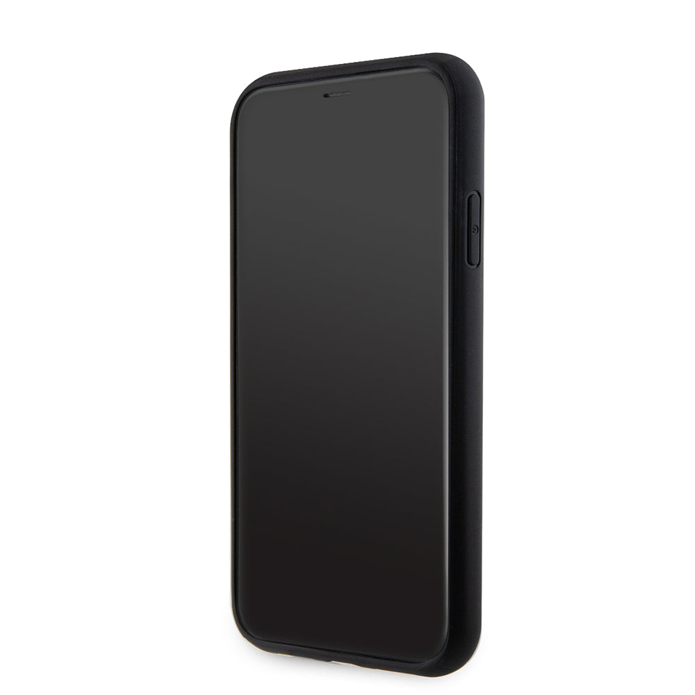 Apple iPhone 11 Kılıf Guess Orjinal Lisanslı M-safe Şarj Özellikli Yazı Logolu Saffiano Classic Kapak Siyah