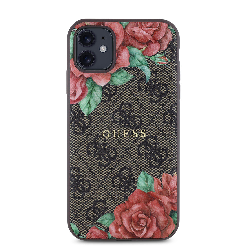 Apple iPhone 11 Kılıf Guess Orjinal Lisanslı M-safe Uyumlu Gül Baskılı 4G Desenli Yazı Logolu Kapak Kahverengi