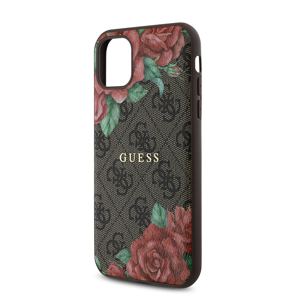 Apple iPhone 11 Kılıf Guess Orjinal Lisanslı M-safe Uyumlu Gül Baskılı 4G Desenli Yazı Logolu Kapak Siyah