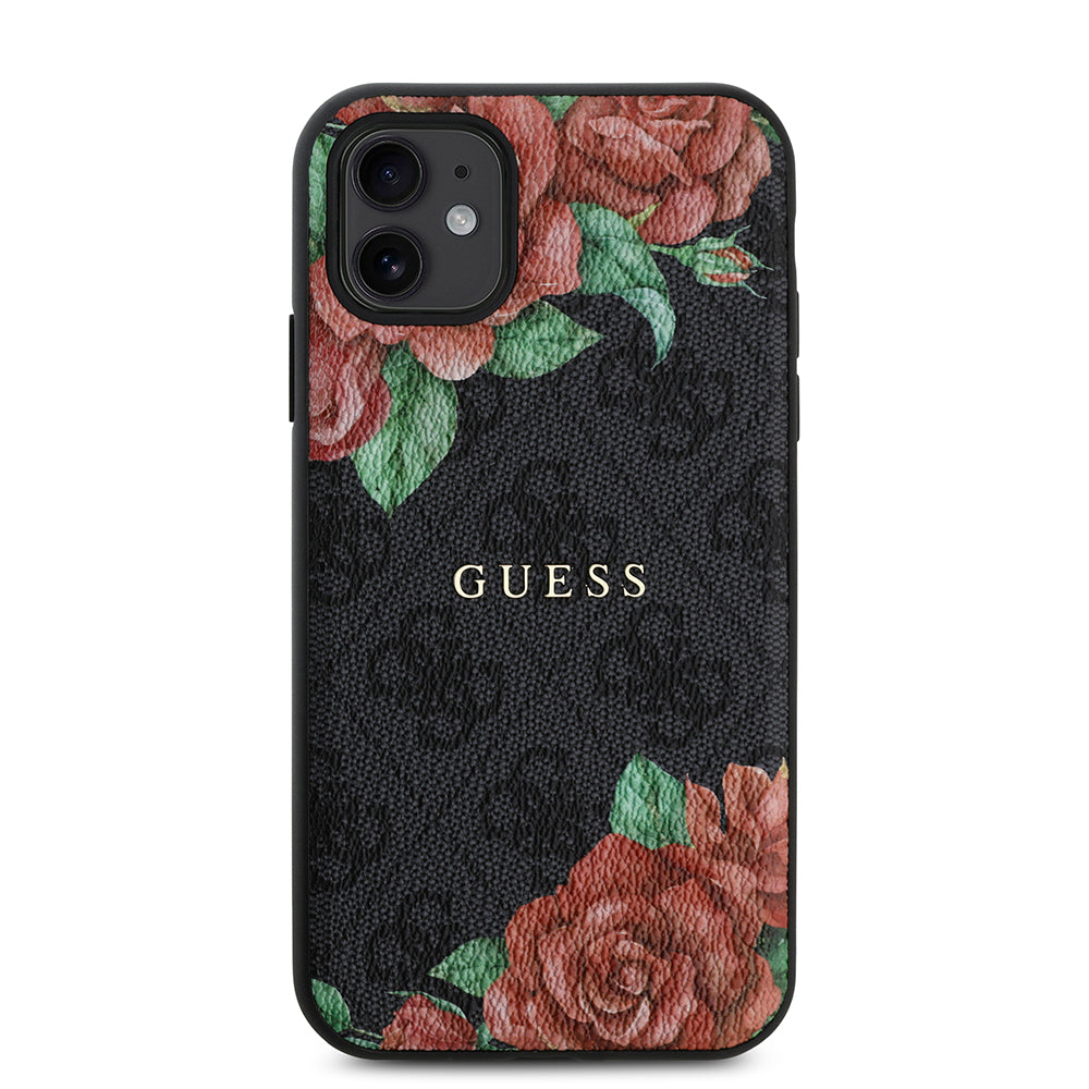 Apple iPhone 11 Kılıf Guess Orjinal Lisanslı M-safe Uyumlu Gül Baskılı 4G Desenli Yazı Logolu Kapak Siyah