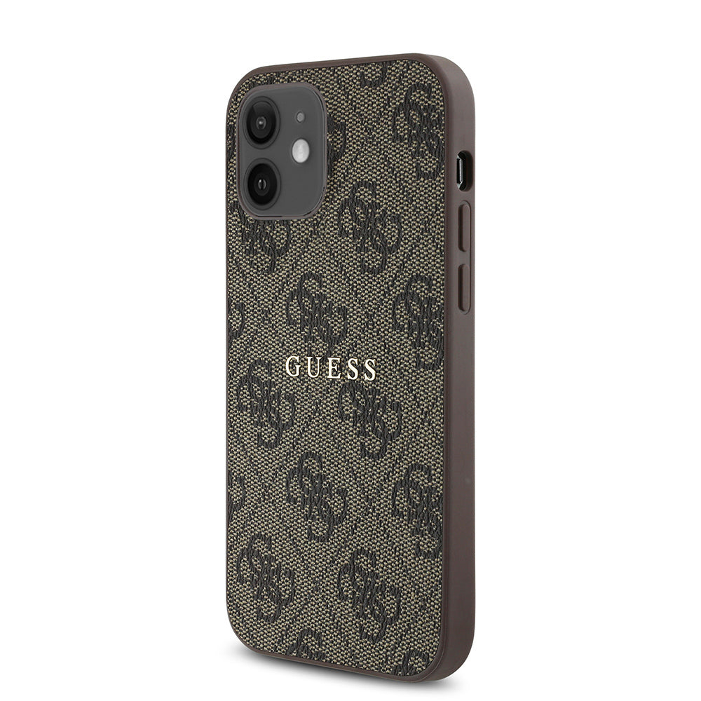 Apple iPhone 12 Kılıf Guess Orjinal Lisanslı M-safe Şarj Özellikli 4G Desen Yazı Logolu Kapak Kahverengi