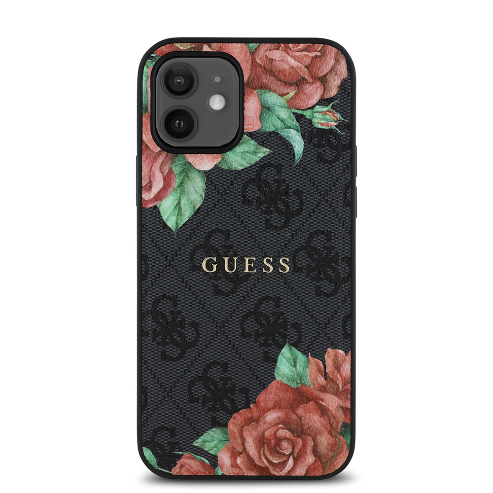 Apple iPhone 12 Kılıf Guess Orjinal Lisanslı M-safe Şarj Özellikli Gül Baskılı 4G Desenli Yazı Logolu Kapak Siyah