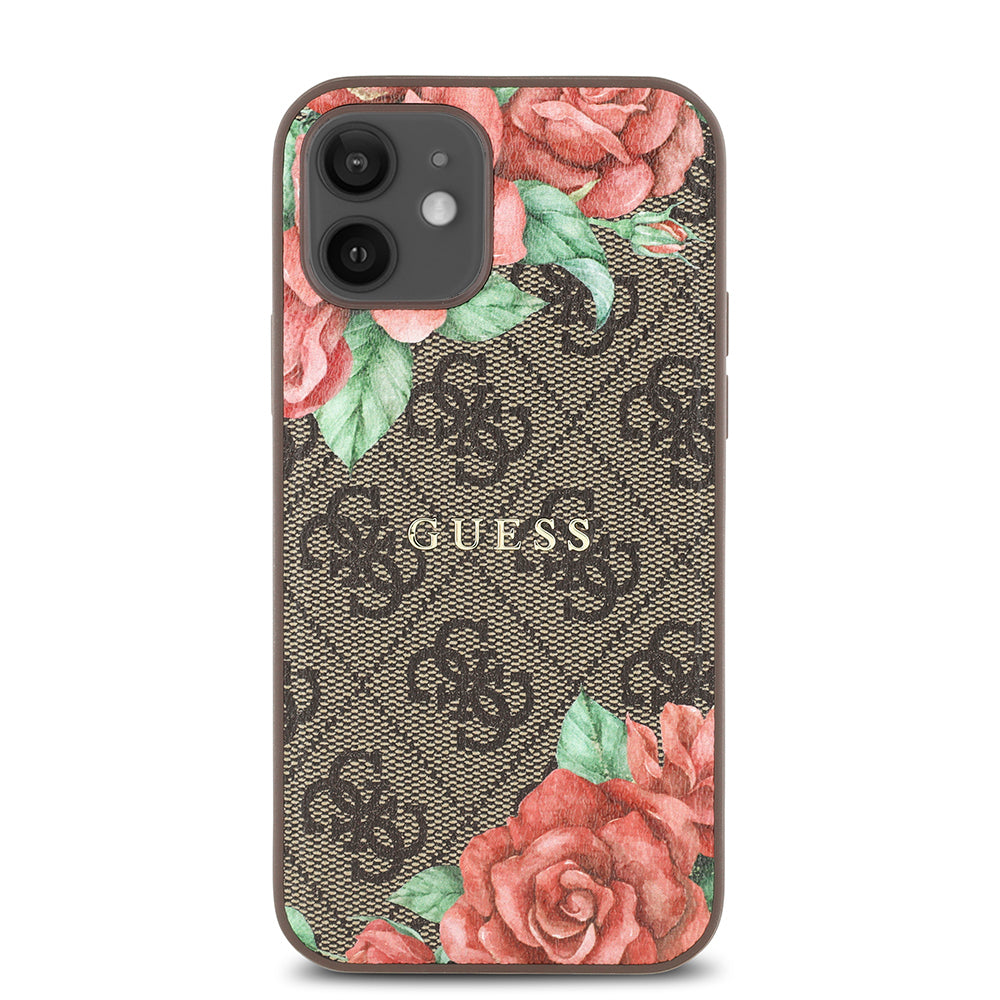 Apple iPhone 12 Kılıf Guess Orjinal Lisanslı M-safe Şarj Özellikli Gül Baskılı 4G Desenli Yazı Logolu Kapak Siyah