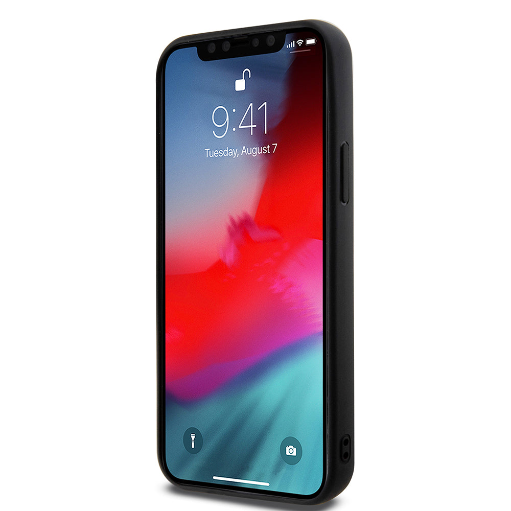 Apple iPhone 12 Kılıf Guess Orjinal Lisanslı M-safe Şarj Özellikli Yazı Logolu Saffiano Classic Kapak Siyah