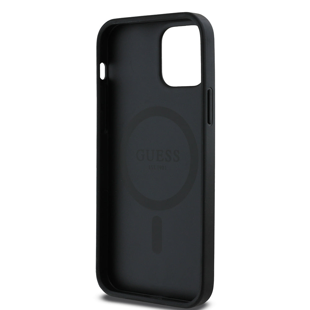 Apple iPhone 12 Kılıf Guess Orjinal Lisanslı M-safe Şarj Özellikli Yazı Logolu Saffiano Classic Kapak Siyah