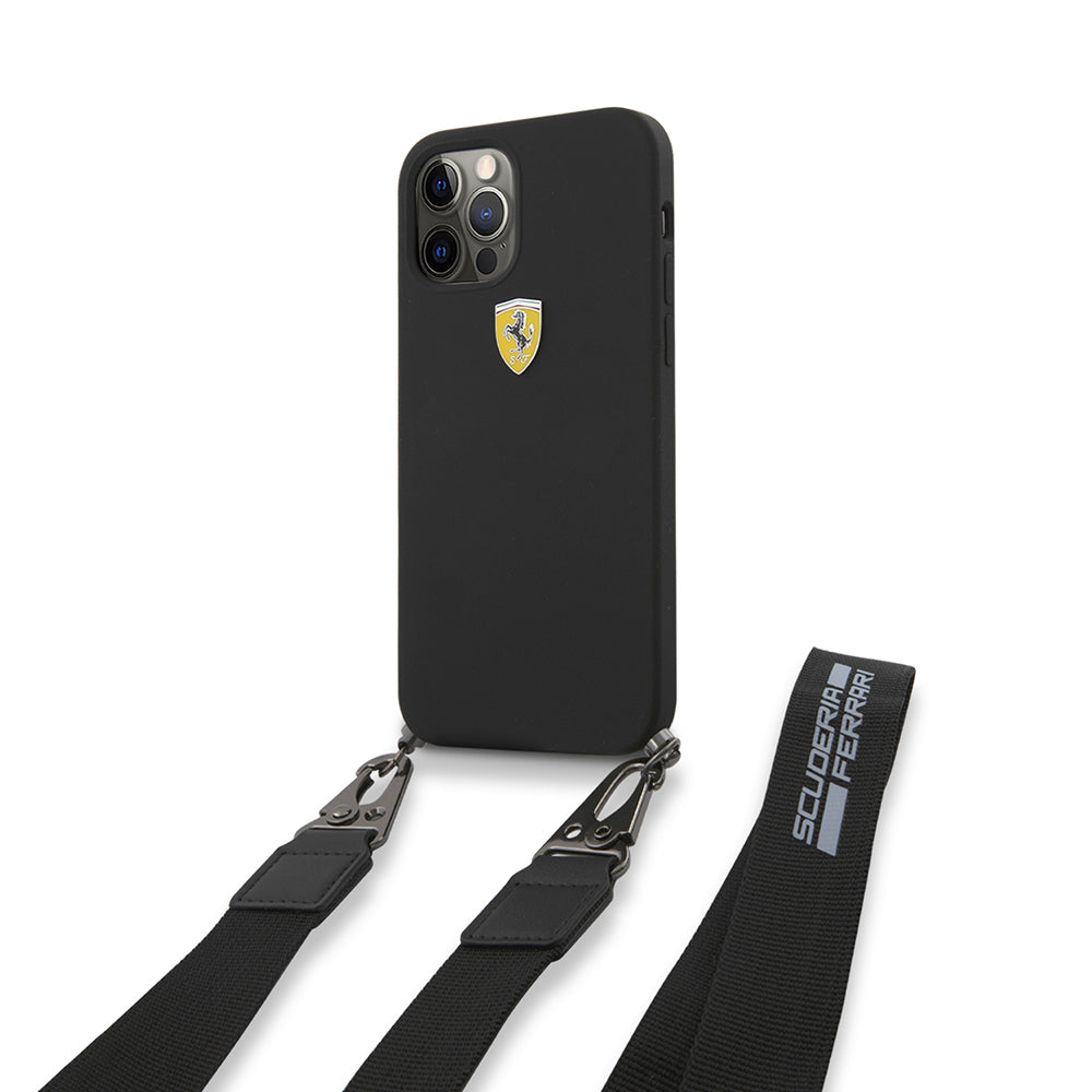 Apple iPhone 12 Pro Kılıf Ferrari Orjinal Lisanslı Askılı Metal Logolu Kapak