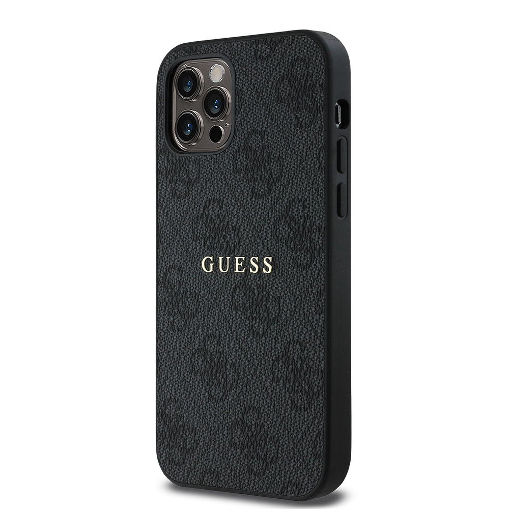 Apple iPhone 12 Pro Kılıf Guess Orjinal Lisanslı M-safe Şarj Özellikli 4G Desen Yazı Logolu Kapak Kahverengi