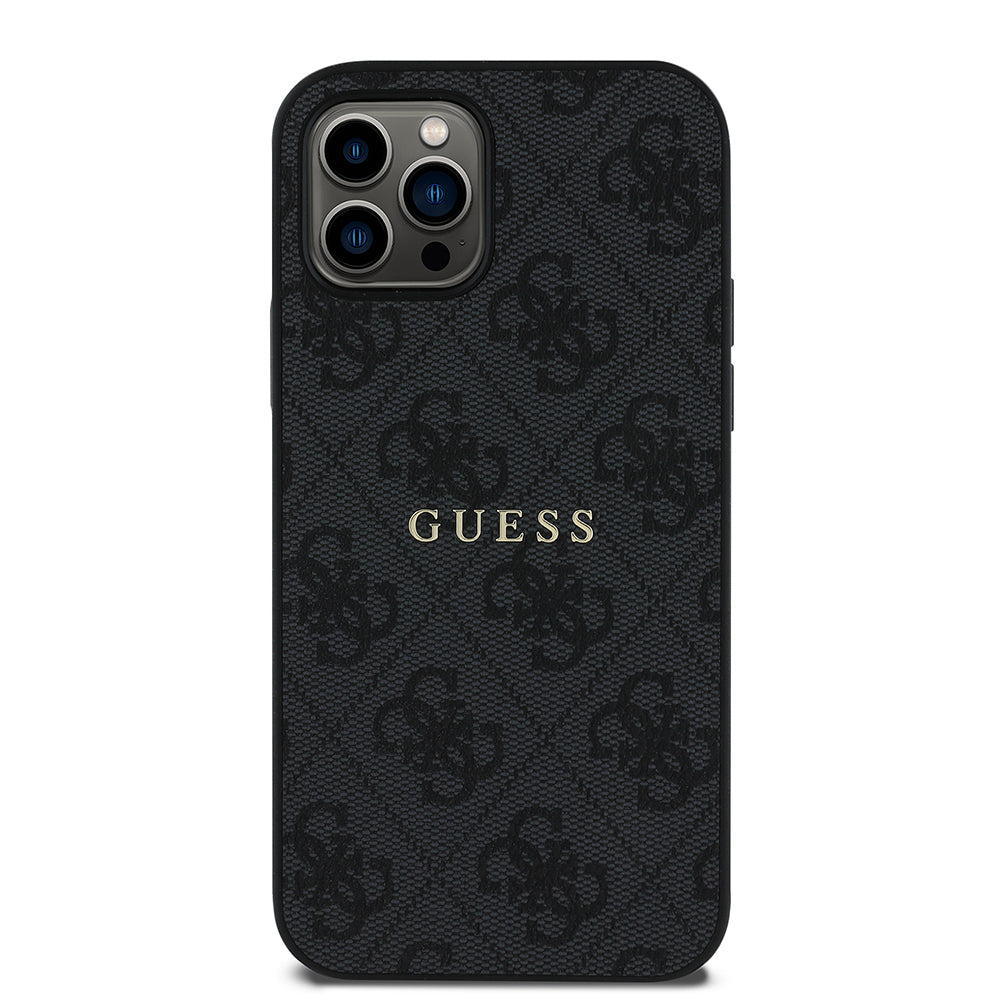 Apple iPhone 12 Pro Kılıf Guess Orjinal Lisanslı M-safe Şarj Özellikli 4G Desen Yazı Logolu Kapak Kahverengi