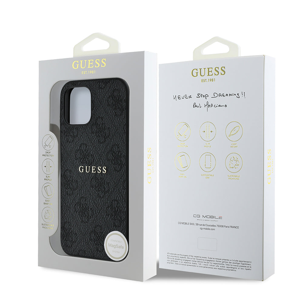 Apple iPhone 12 Pro Kılıf Guess Orjinal Lisanslı M-safe Şarj Özellikli 4G Desen Yazı Logolu Kapak Kahverengi