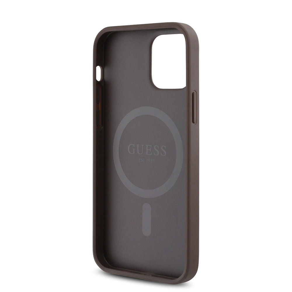 Apple iPhone 12 Pro Kılıf Guess Orjinal Lisanslı M-safe Şarj Özellikli 4G Desen Yazı Logolu Kapak Siyah