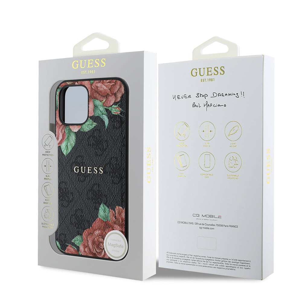 Apple iPhone 12 Pro Kılıf Guess Orjinal Lisanslı M-safe Şarj Özellikli Gül Baskılı 4G Desenli Yazı Logolu Kapak Siyah
