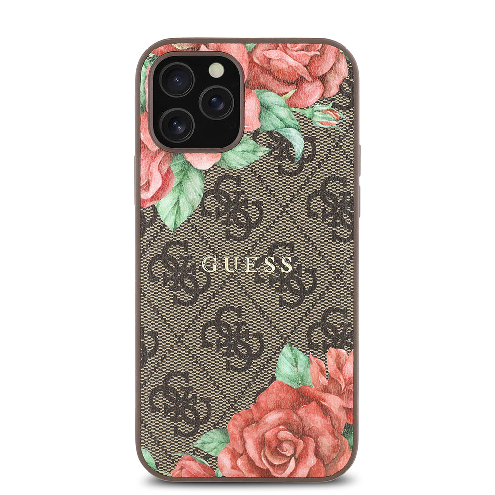 Apple iPhone 12 Pro Kılıf Guess Orjinal Lisanslı M-safe Şarj Özellikli Gül Baskılı 4G Desenli Yazı Logolu Kapak Siyah