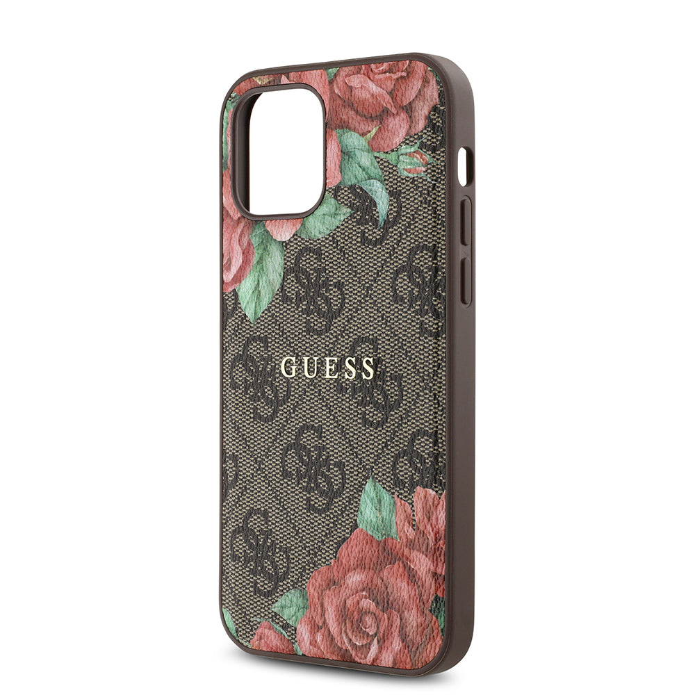 Apple iPhone 12 Pro Kılıf Guess Orjinal Lisanslı M-safe Şarj Özellikli Gül Baskılı 4G Desenli Yazı Logolu Kapak Siyah