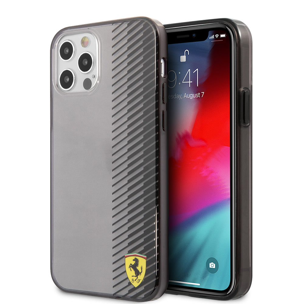 Apple iPhone 12 Pro Max Kılıf Ferrari Orjinal Lisanlı Klasik Metal Logolu Transparan Çizgi Desenli Gradient Kapak