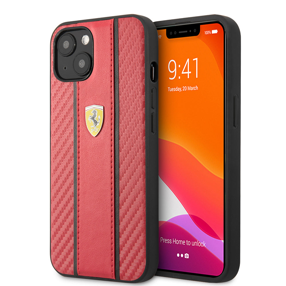 Apple iPhone 13 Kılıf Ferrari Orjinal Lisanslı PU Deri Ve Karbon Dizayn Kapak