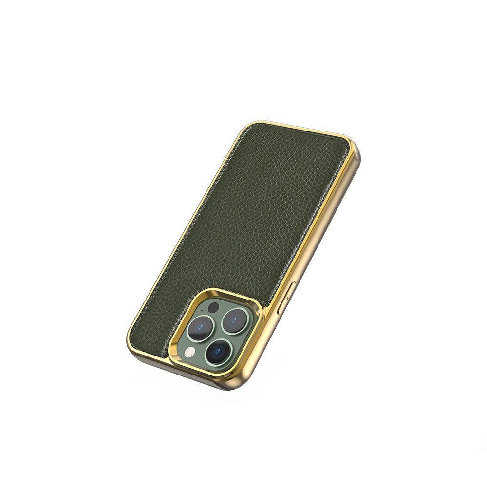 Apple iPhone 13 Pro Kılıf Wiwu Genuine Leather Gold Calfskin Orjinal Deri Kapak Mavi