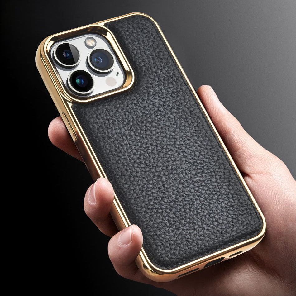 Apple iPhone 13 Pro Kılıf Wiwu Genuine Leather Gold Calfskin Orjinal Deri Kapak Mavi