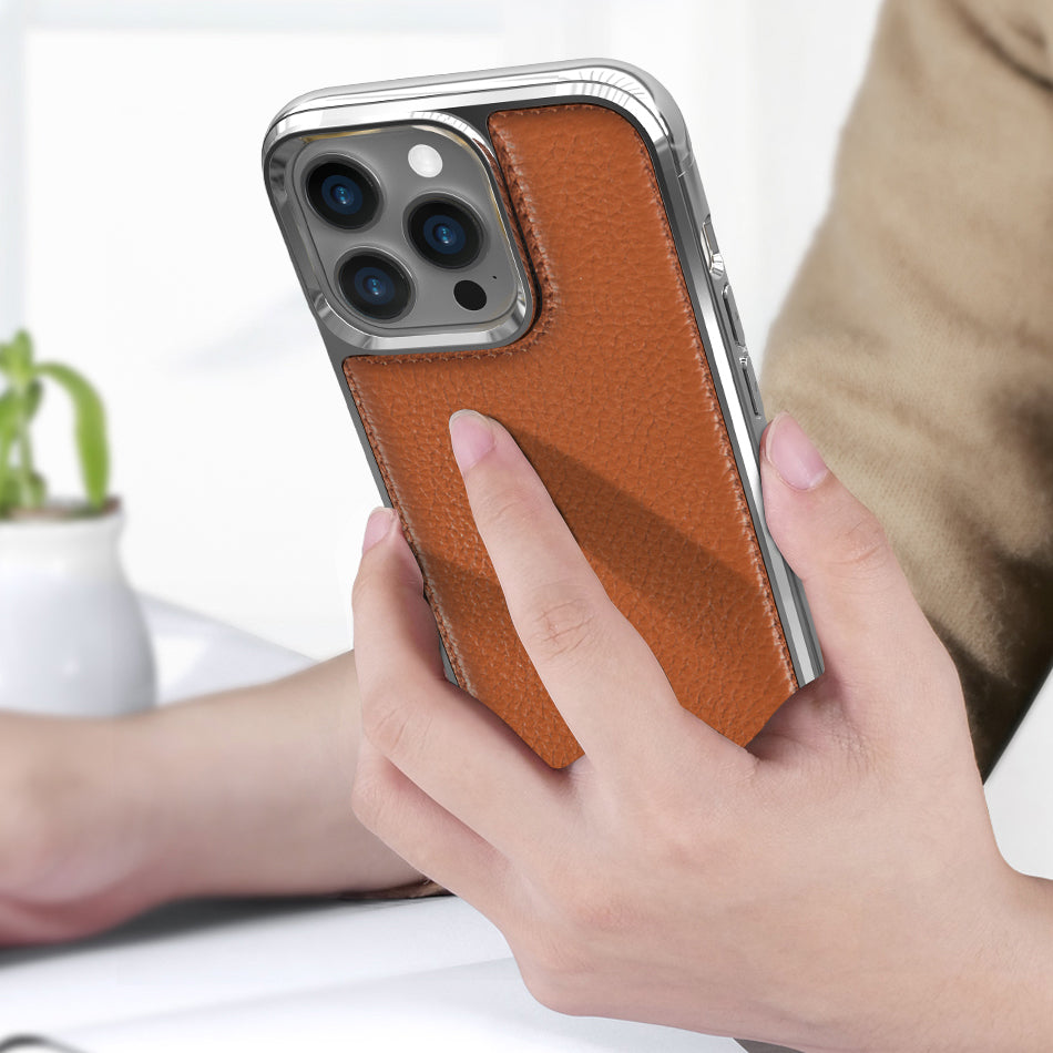 Apple iPhone 13 Pro Kılıf Wiwu Genuine Leather Silver Calfskin Orjinal Deri Kapak Siyah