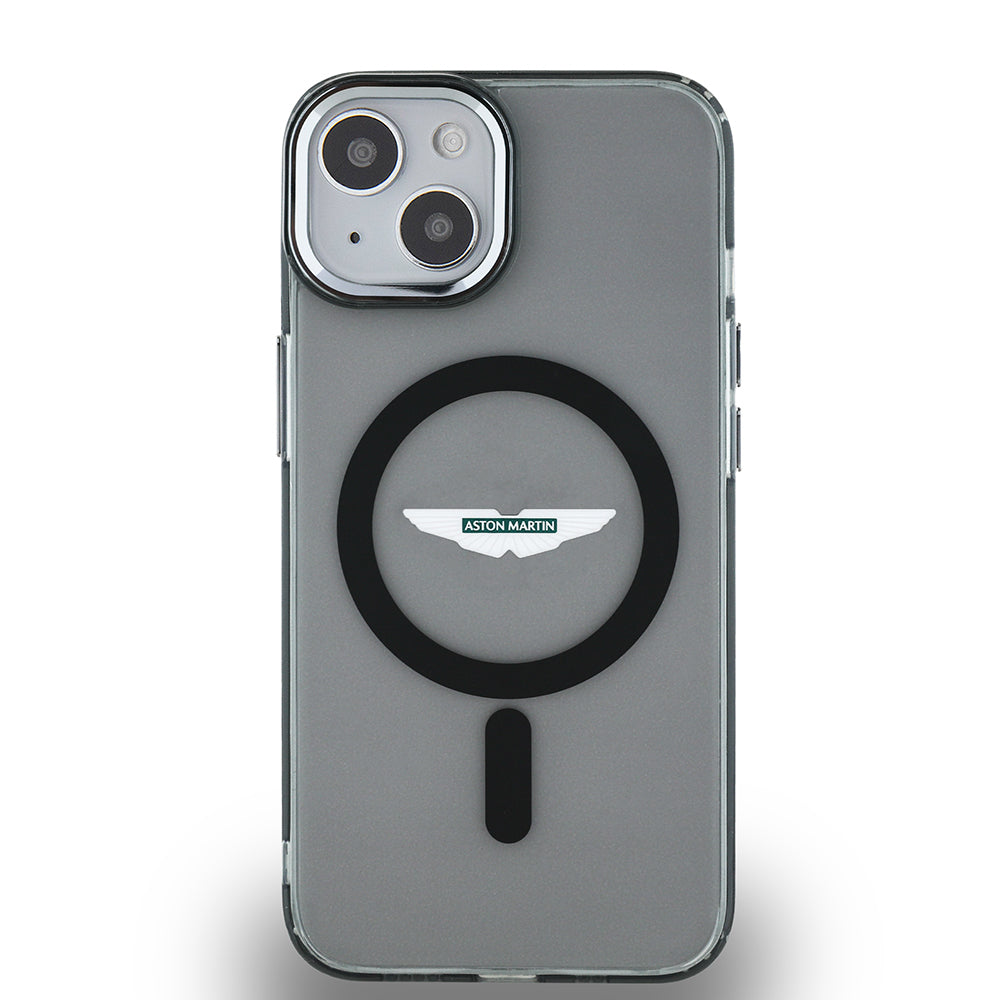 Apple iPhone 14 Kılıf Aston Martin Orjinal Lisanslı M-safe Şarj Özellikli IML Baskı Logolu Metal Düğmeli Kapak Siyah