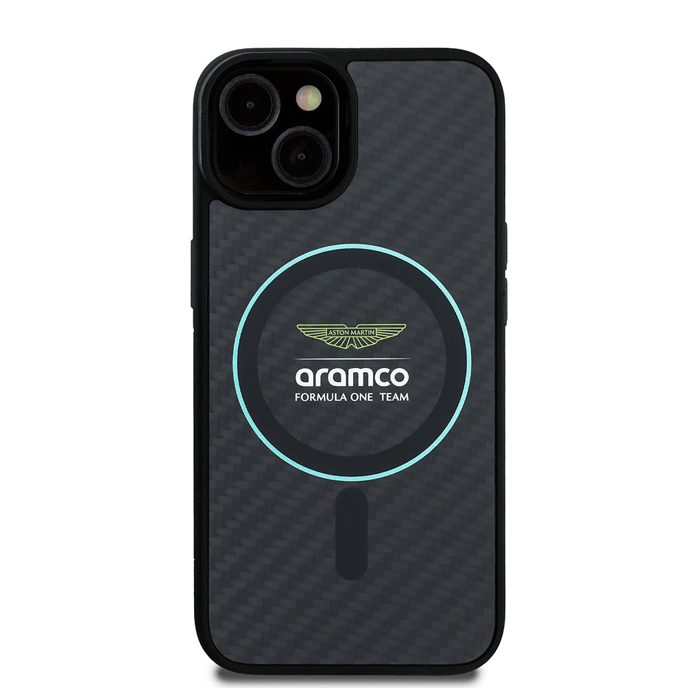 Apple iPhone 14 Kılıf Aston Martin Orjinal Lisanslı M-safe Şarj Özellikli Renkli Halka ve Karbon Fiber Tasarımlı Kapak