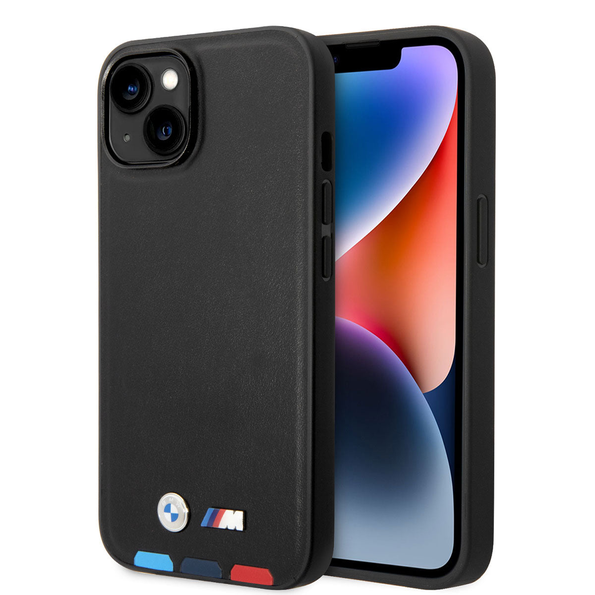 Apple iPhone 14 Kılıf BMW M-safe Şarj Özellikli PU Deri 3 Renkli Logolu Dizayn Kapak Siyah