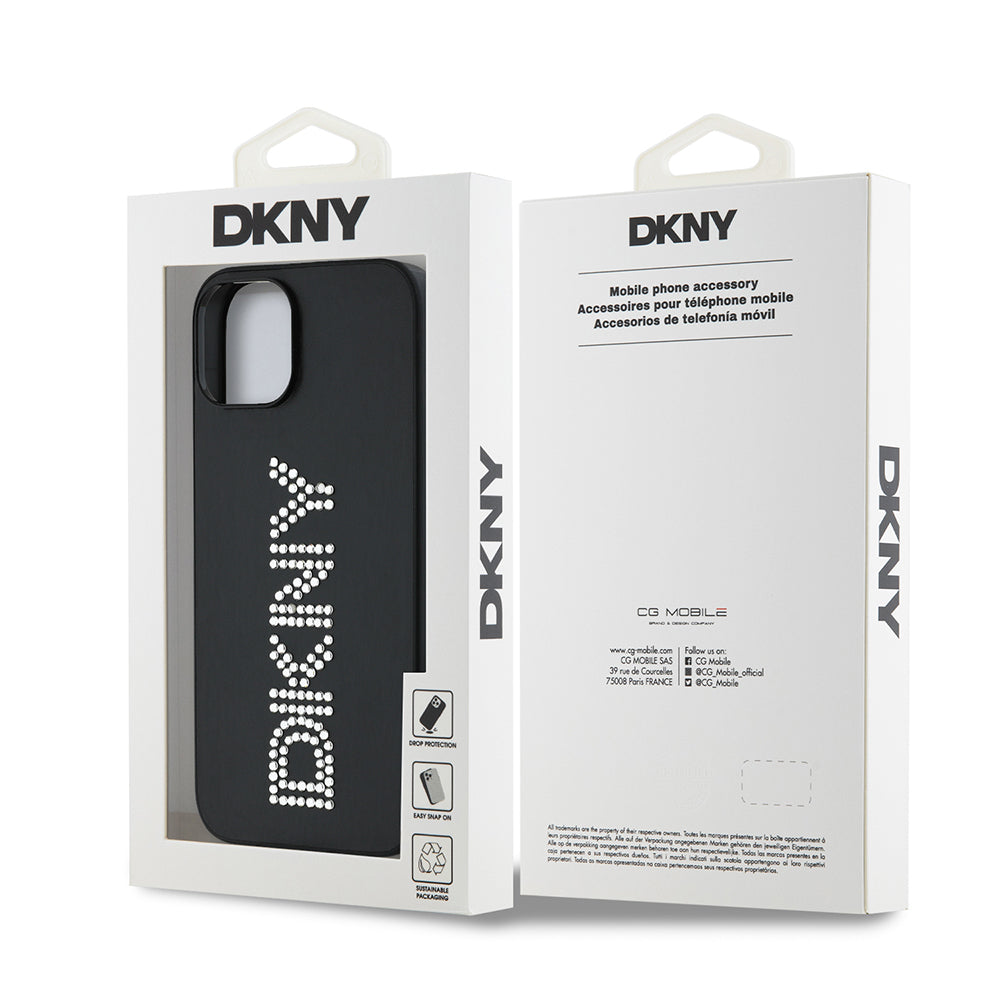 Apple iPhone 14 Kılıf DKNY Orjinal Lisanslı Taşlı DKNY Yazılı Metalik Rhinestones PU Deri Kapak Kahverengi