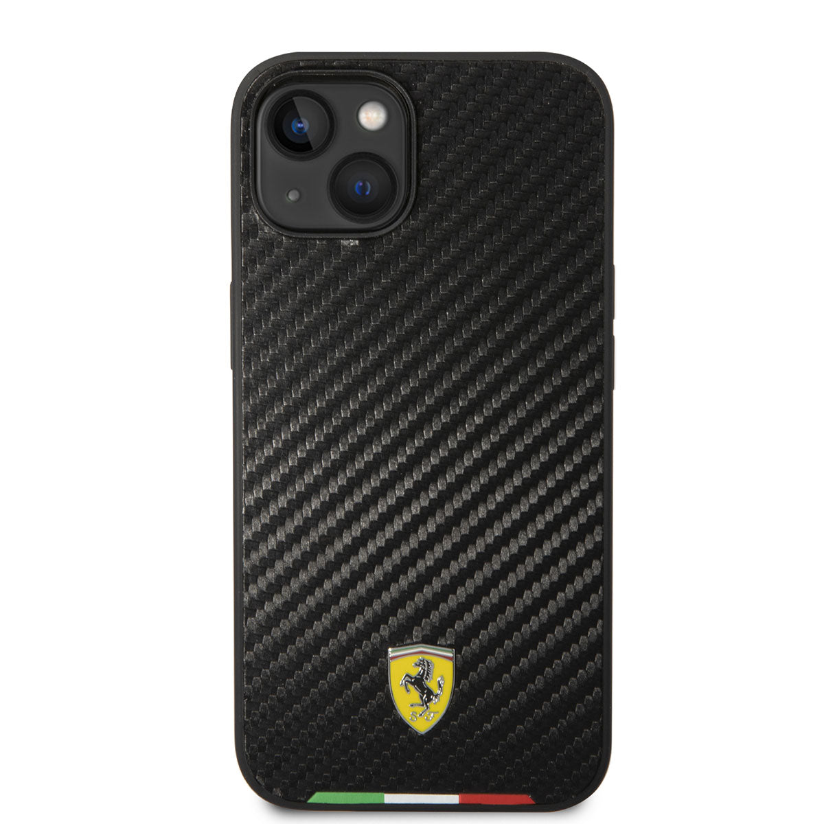 Apple iPhone 14 Kılıf Ferrari M-safe Şarj Özellikli Karbon İtalyan Bayrak Dizayn Kapak Siyah