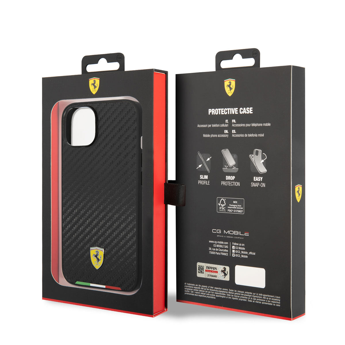Apple iPhone 14 Kılıf Ferrari M-safe Şarj Özellikli Karbon İtalyan Bayrak Dizayn Kapak Siyah