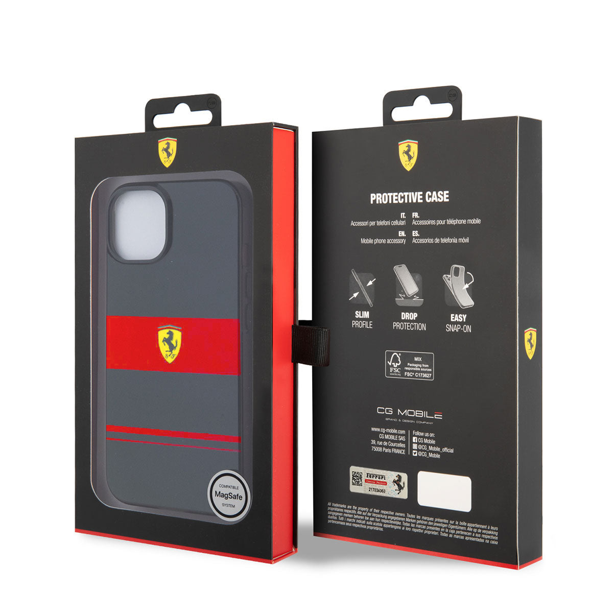 Apple iPhone 14 Kılıf Ferrari Orjinal Lisanslı M-safe Şarj Özellikli Yatay Çizgili Dizayn Kapak Siyah