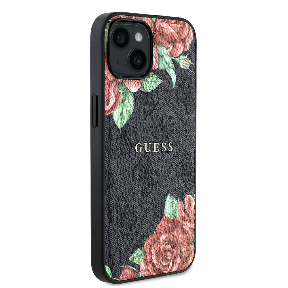 Apple iPhone 14 Kılıf Guess Orjinal Lisanslı M-safe Şarj Özellikli Gül Baskılı 4G Desenli Yazı Logolu Kapak Siyah