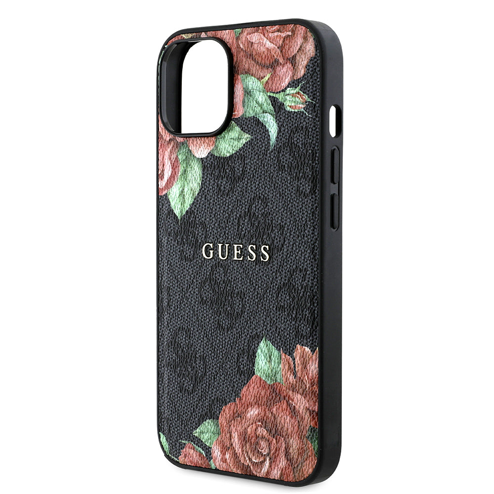 Apple iPhone 14 Kılıf Guess Orjinal Lisanslı M-safe Şarj Özellikli Gül Baskılı 4G Desenli Yazı Logolu Kapak Siyah