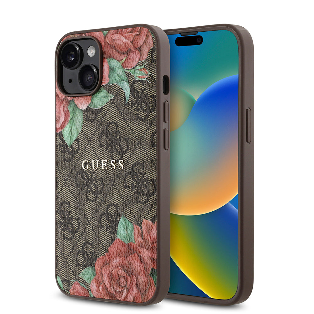 Apple iPhone 14 Kılıf Guess Orjinal Lisanslı M-safe Şarj Özellikli Gül Baskılı 4G Desenli Yazı Logolu Kapak Siyah