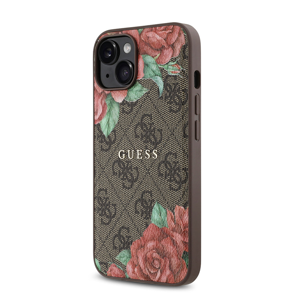 Apple iPhone 14 Kılıf Guess Orjinal Lisanslı M-safe Şarj Özellikli Gül Baskılı 4G Desenli Yazı Logolu Kapak Siyah