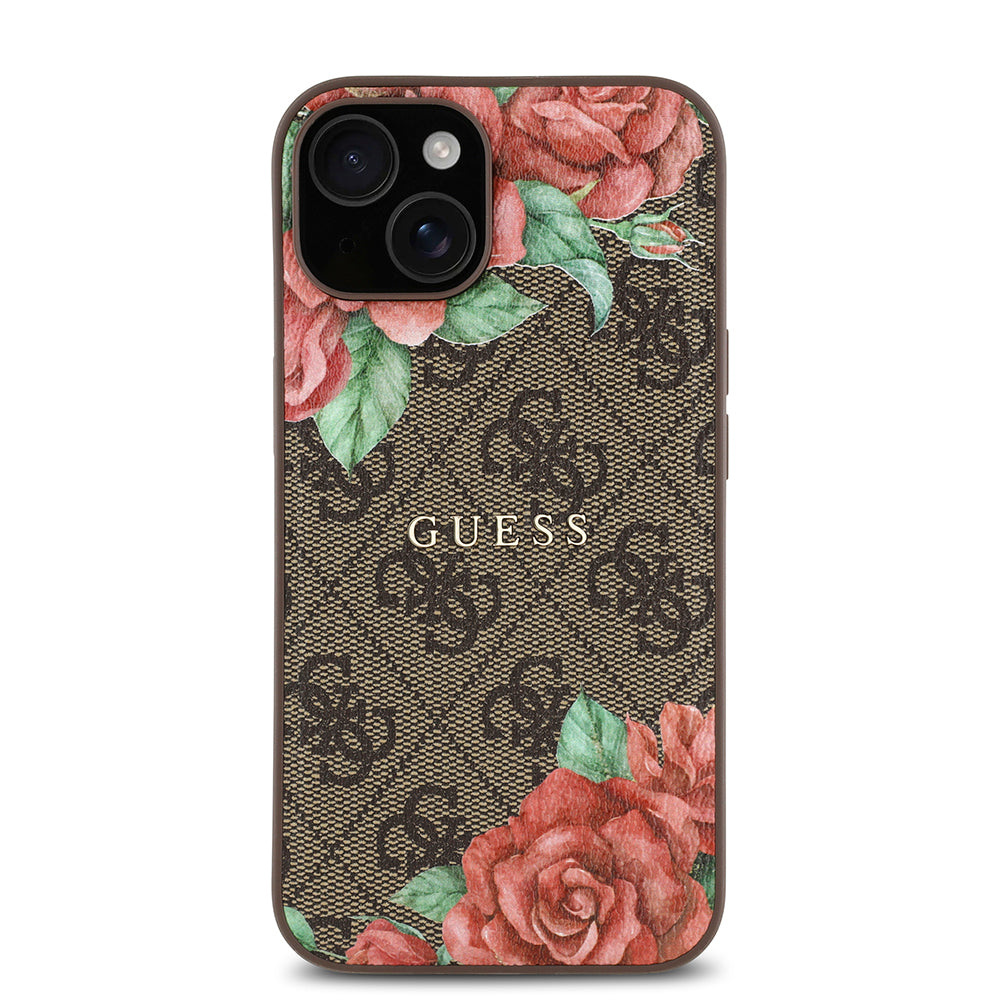 Apple iPhone 14 Kılıf Guess Orjinal Lisanslı M-safe Şarj Özellikli Gül Baskılı 4G Desenli Yazı Logolu Kapak Siyah