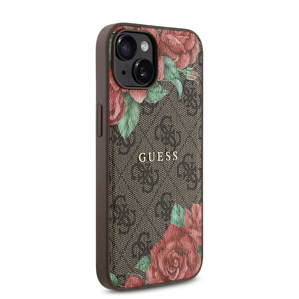 Apple iPhone 14 Kılıf Guess Orjinal Lisanslı M-safe Şarj Özellikli Gül Baskılı 4G Desenli Yazı Logolu Kapak Siyah