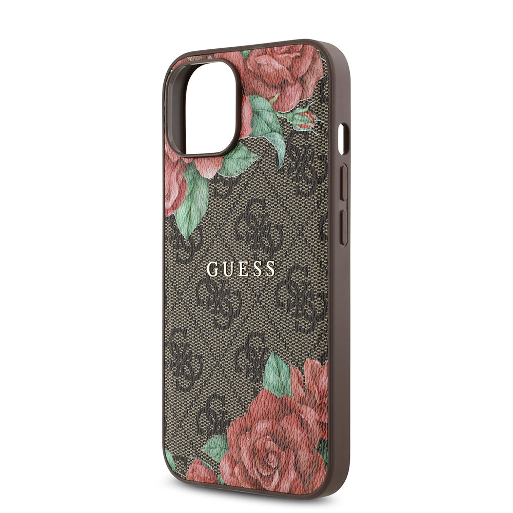 Apple iPhone 14 Kılıf Guess Orjinal Lisanslı M-safe Şarj Özellikli Gül Baskılı 4G Desenli Yazı Logolu Kapak Siyah
