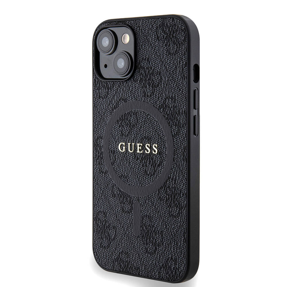 Apple iPhone 14 Kılıf Guess Orjinal Lisanslı M-safe Şarj Özellikli PU Halkalı 4G Desenli Yazı Logolu Kapak Siyah