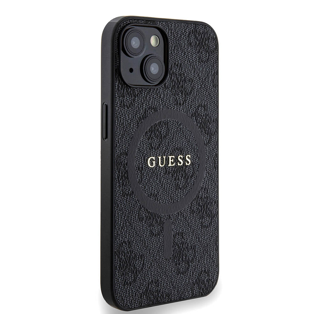 Apple iPhone 14 Kılıf Guess Orjinal Lisanslı M-safe Şarj Özellikli PU Halkalı 4G Desenli Yazı Logolu Kapak Siyah