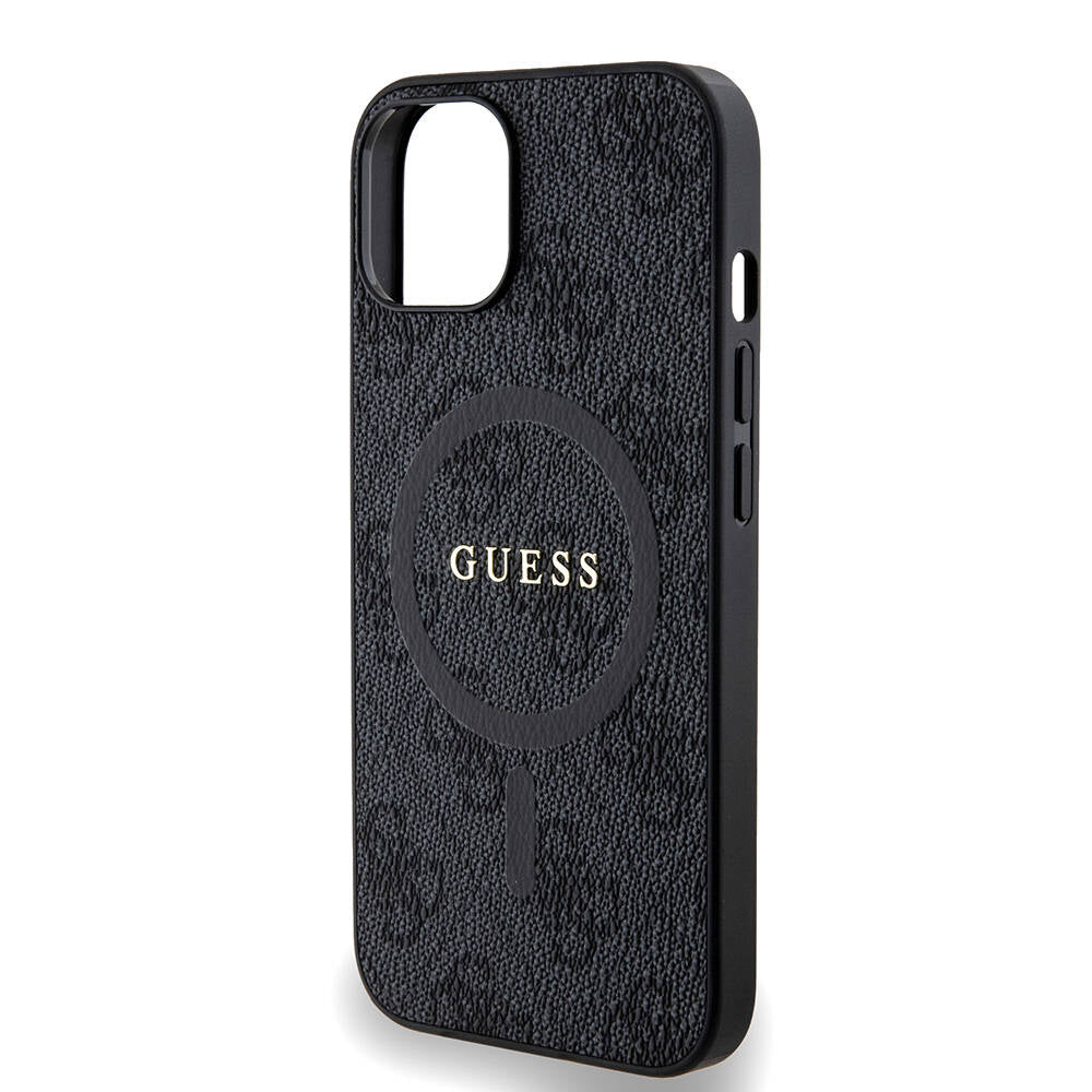 Apple iPhone 14 Kılıf Guess Orjinal Lisanslı M-safe Şarj Özellikli PU Halkalı 4G Desenli Yazı Logolu Kapak Siyah